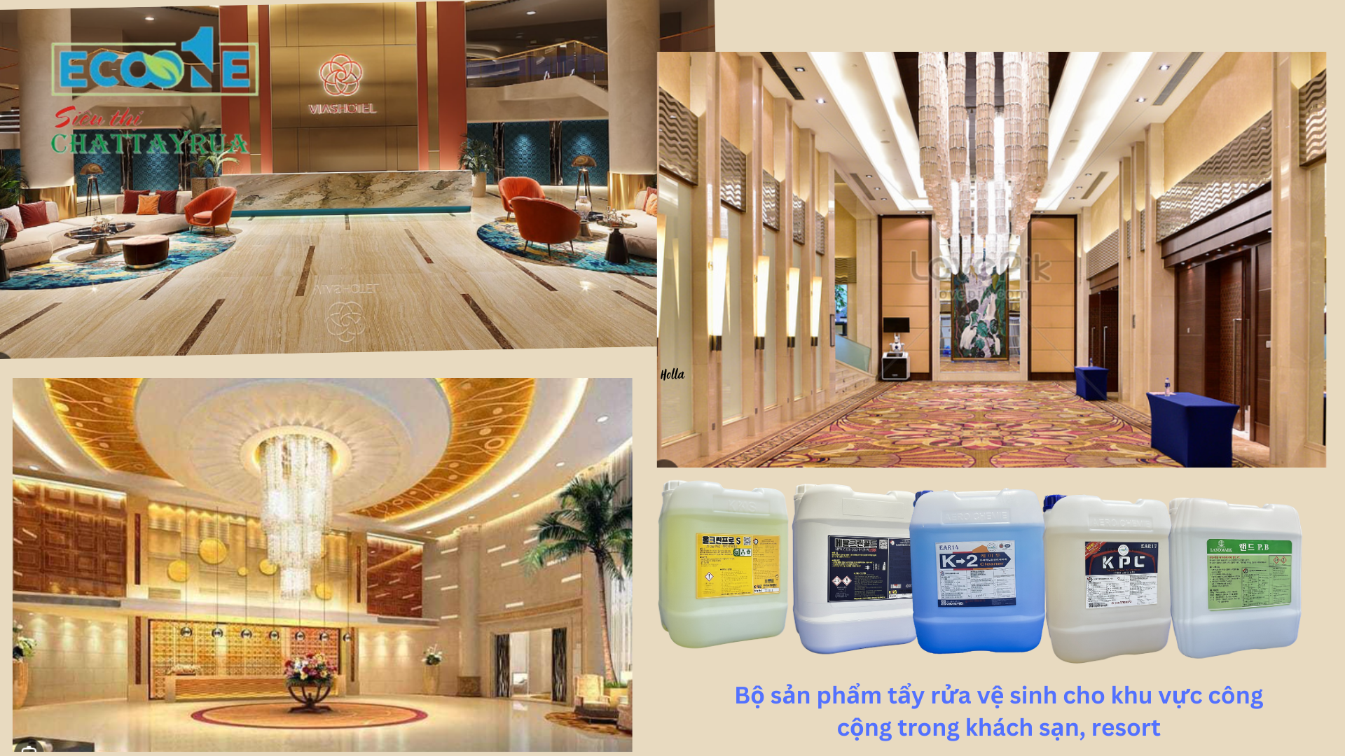 Bộ sản phẩm tẩy rửa vệ sinh cho khu vực công cộng trong khách sạn, resort