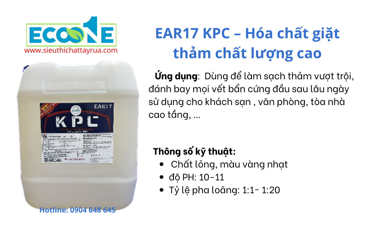 EAR17 KPC – Dung dịch giặt thảm chất lượng cao nhập khẩu Hàn Quốc chuyên dùng để làm sạch thảm vượt trội, đánh bay mọi vết bẩn cứng đầu sau lâu ngày sử dụng,…