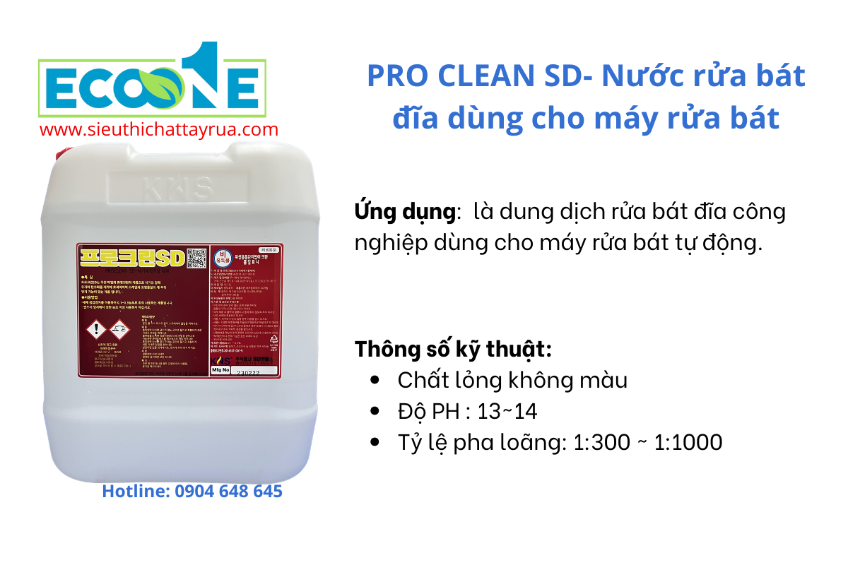 PRO CLEAN SD Nước rửa bát đĩa dùng cho máy rửa bát. Giúp tẩy rửa, làm sạch, làm bóng bát đĩa. Hiệu quả đối với các vết bẩn cứng đầu có gốc carbonhydrat. Hàng nhập khẩu trực tiếp từ Hàn Quốc.