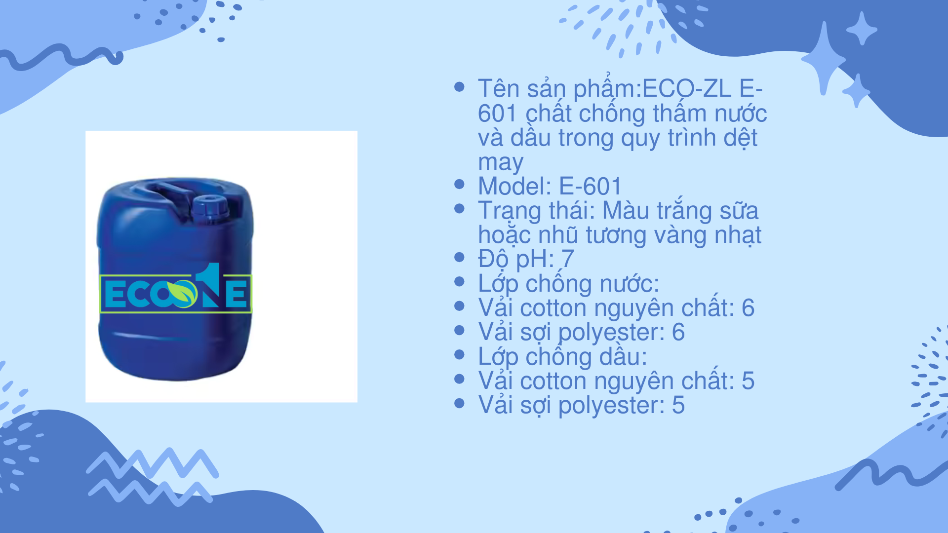ECO-ZL E-601 chất chống thấm nước và dầu trong quy trình dệt may