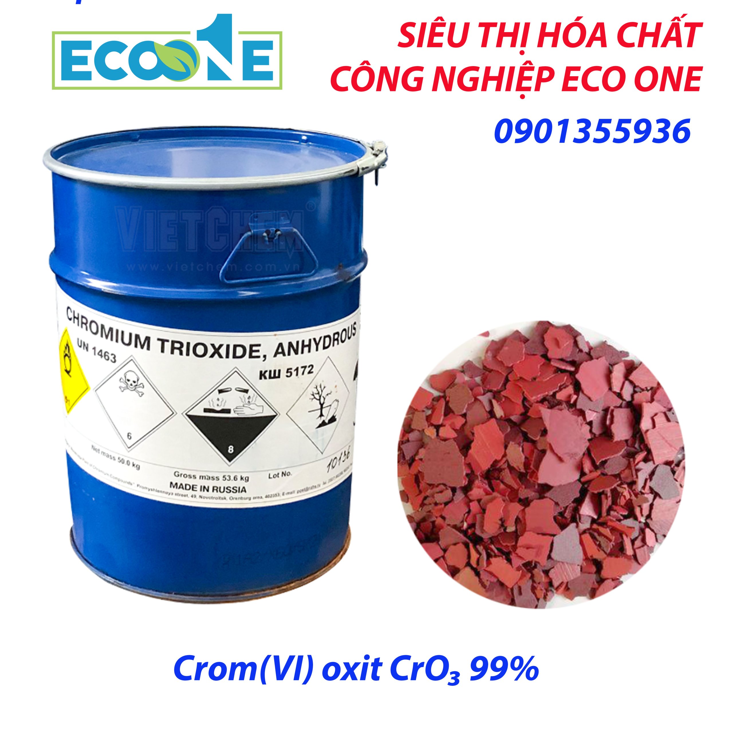 Crom(vi) Oxit Cro₃ 99% chuyên dùng trong mạ crom, xử lý bề mặt kim loại, sản xuất thuốc nhuộm và gốm kỹ thuật. Dành cho nhà máy hóa chất, xi mạ, R&D vật liệu. Sản phẩm được nhập khẩu và phân phối bởi ECO ONE Việt Nam