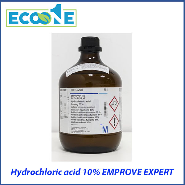 Hydrochloric Acid 10% Emprove Expert chuyên dùng phòng thí nghiệm. Dung dịch axit HCl ổn định, độ tinh khiết cao, 2.5L/chai, phù hợp kỹ thuật viên, viện nghiên cứu, phân tích chuyên sâu. Được nhập khẩu và phân phối bởi ECO ONE Việt Nam