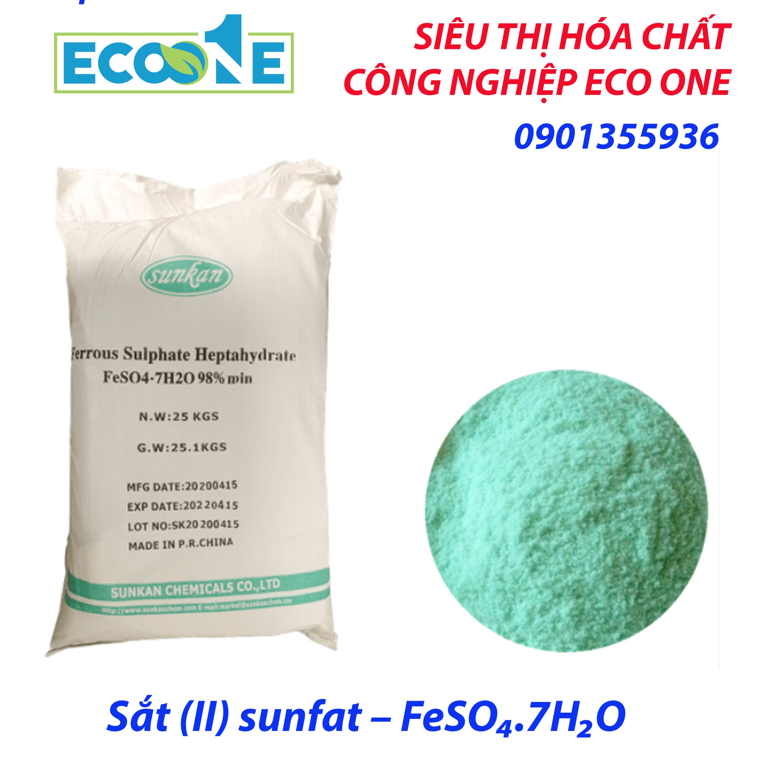 Sắt (II) Sunfat – FeSO₄.7H₂O dùng trong xử lý nước, phân bón, thức ăn chăn nuôi, thích hợp cho nhà máy và trang trại. Được phân phối bởi ECO ONE Việt Nam