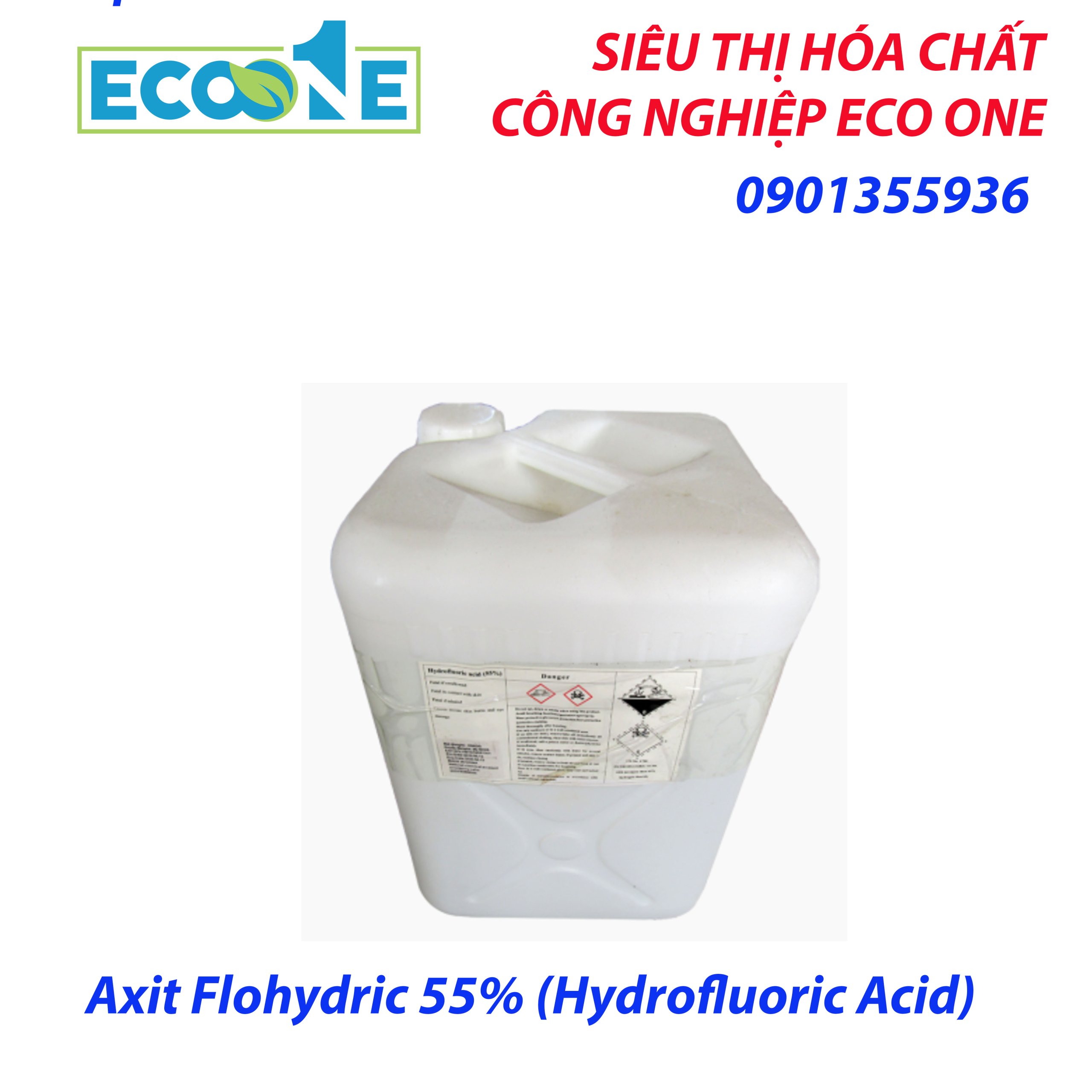 Axit Flohydric 55% (hydrofluoric Acid) hóa chất công nghiệp chuyên dụng trong khắc kính, làm sạch kim loại, sản xuất bán dẫn. Sản phẩm được phân phối bởi ECO ONE Việt Nam