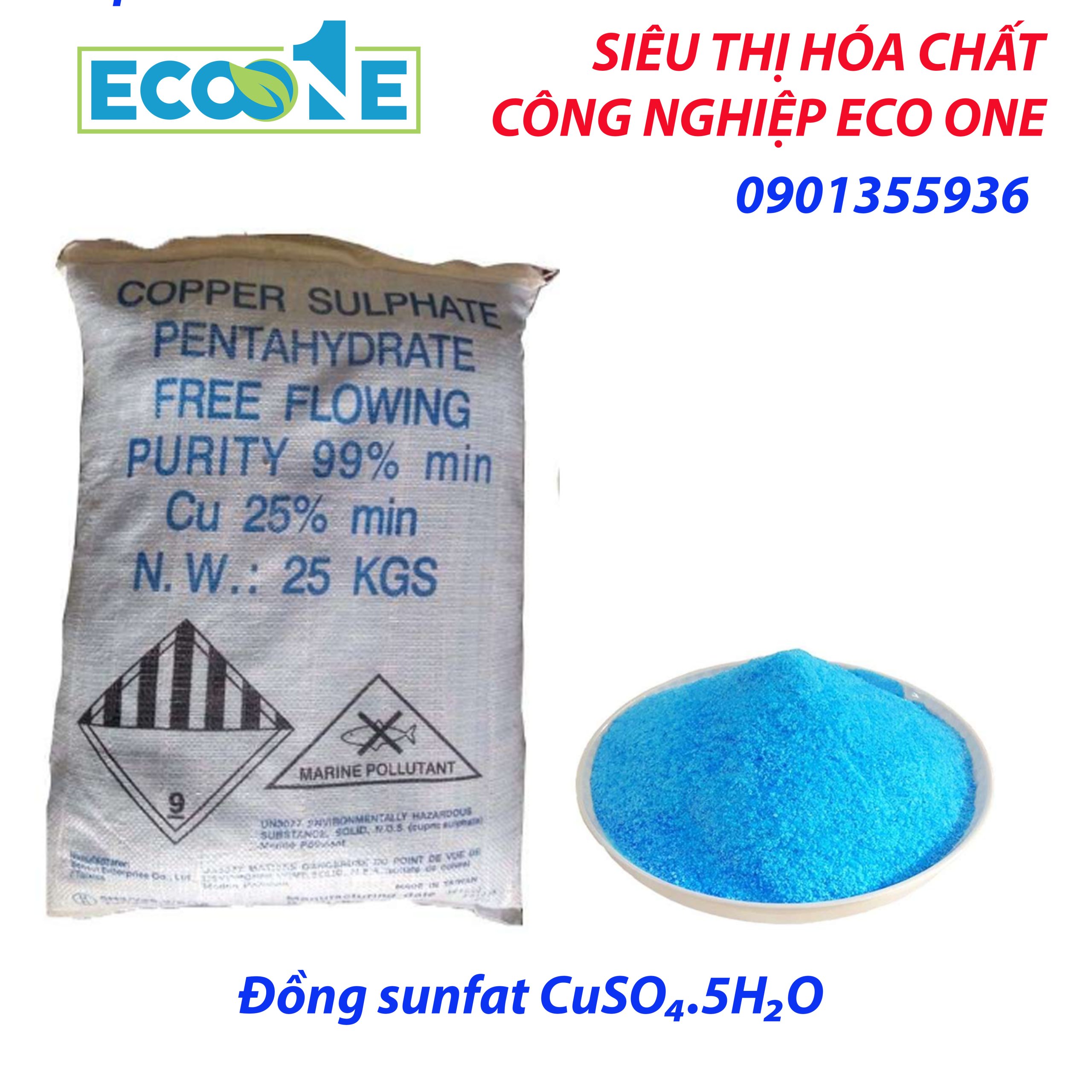 Đồng Sunfat CuSO₄.5H₂O chuyên dùng trong nông nghiệp, thủy sản và công nghiệp. Sát khuẩn mạnh, dễ hòa tan, phù hợp trang trại, nhà máy và phòng thí nghiệm. Sản phẩm được phân phối bởi ECO ONE Việt Nam