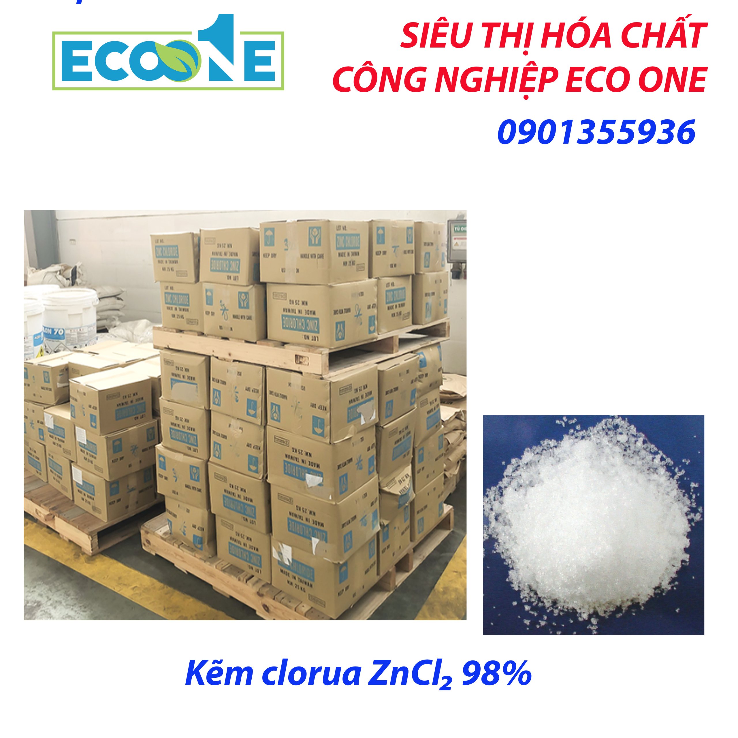 Kẽm Clorua ZnCl₂ 98% hóa chất công nghiệp đa dụng dùng trong luyện kim, dệt nhuộm, giấy, gỗ và hóa mỹ phẩm. Sản phẩm được phân phối bởi ECO ONE Việt Nam