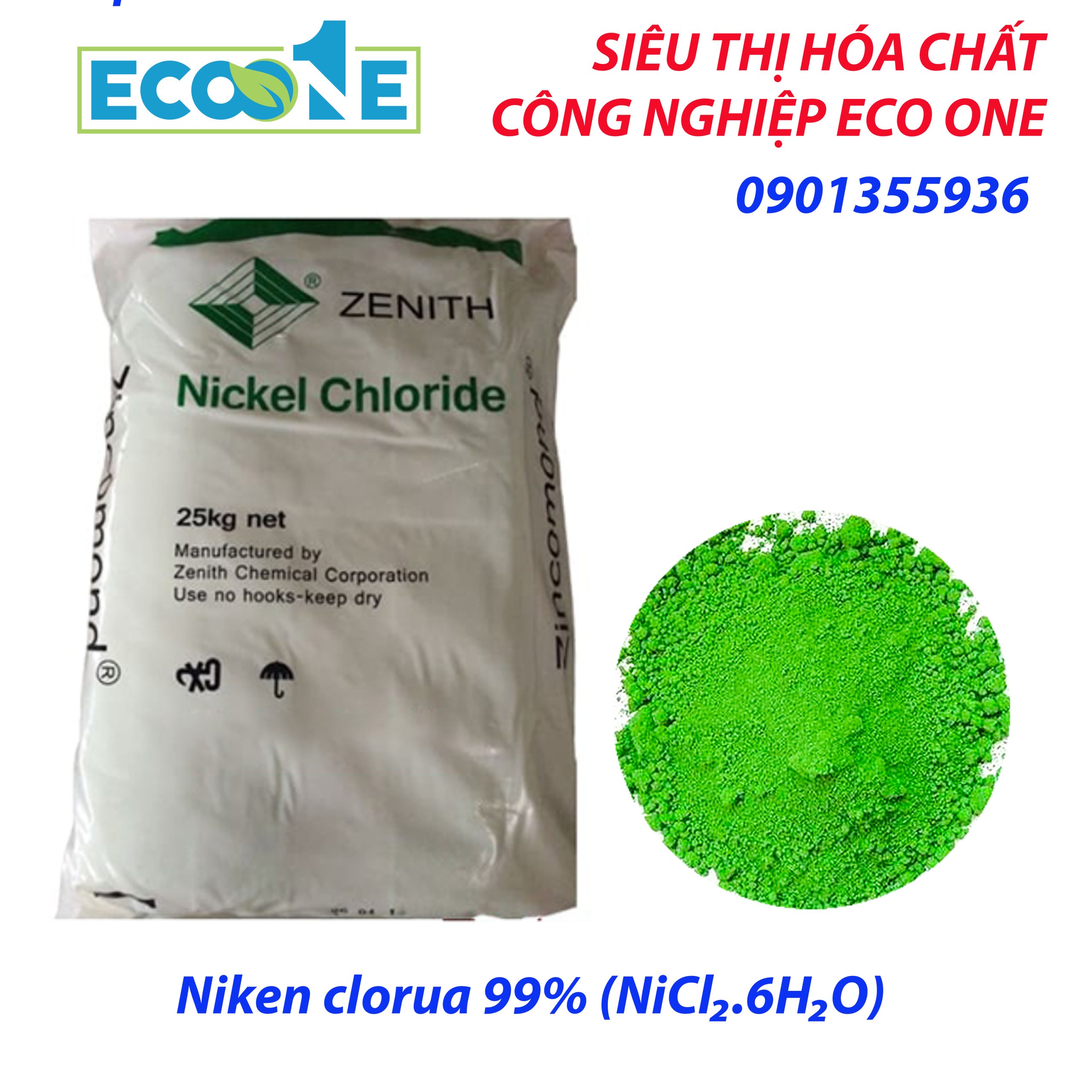 Niken Clorua 99% (NiCl₂.6H₂O) dùng trong xi mạ, sản xuất pin, xúc tác, dành cho ngành hóa chất & điện tử. Được nhập khẩu và phân phối bởi ECO ONE Việt Nam