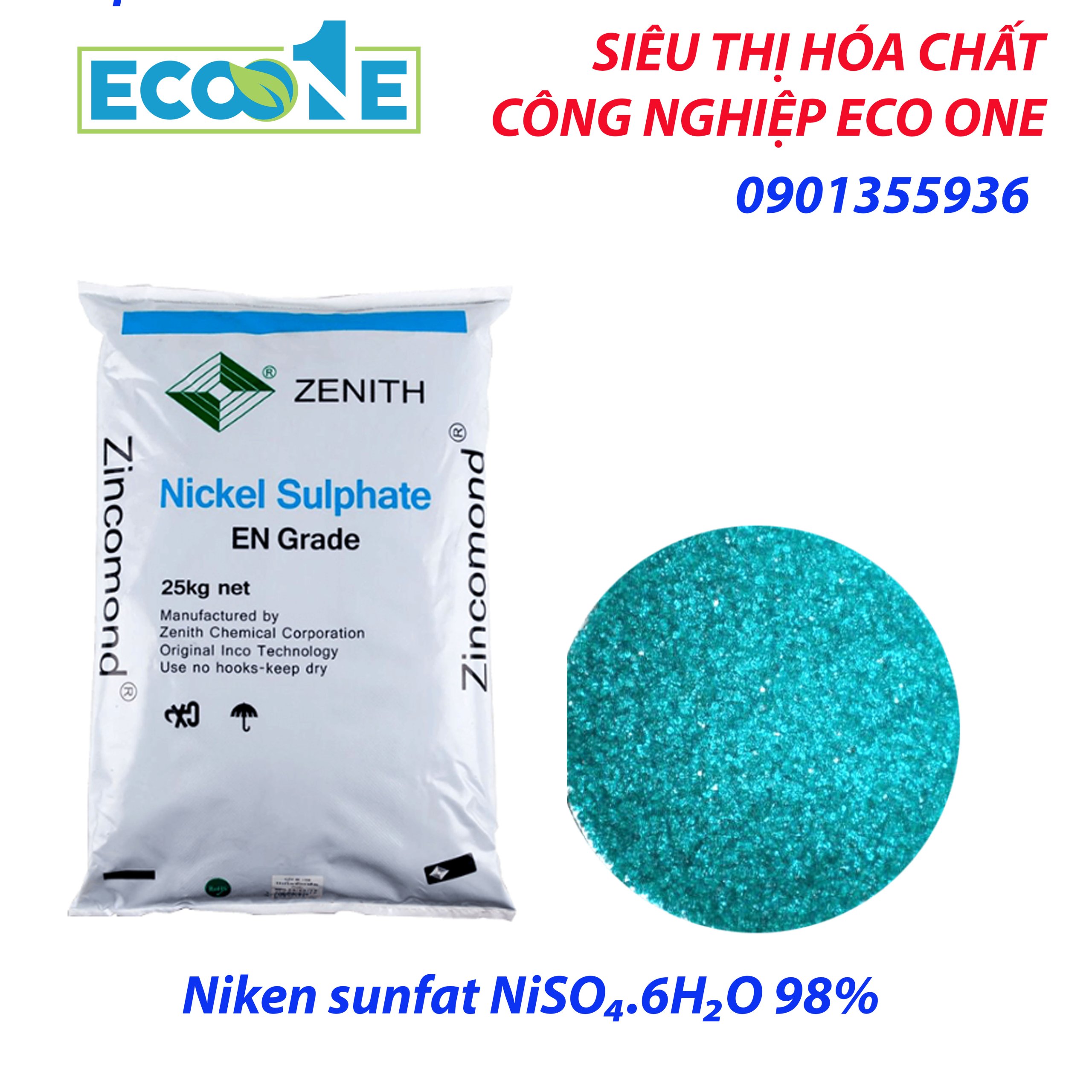 Niken Sunfat NiSO₄.6H₂O 98% là muối vô cơ dùng trong xi mạ, sản xuất pin, chất xúc tác. Sản phẩm tinh thể xanh, dễ hòa tan, dành cho nhà máy xi mạ, pin, hóa chất. Sản phẩm được nhập khẩu và phân phối bởi ECO ONE Việt Nam