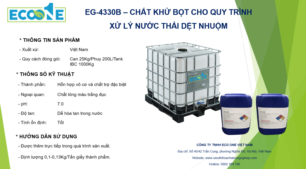 Eg 4330b – ChẤt KhỬ BỌt Cho Quy TrÌnh XỬ LÝ NƯỚc ThẢi DỆt NhuỘm