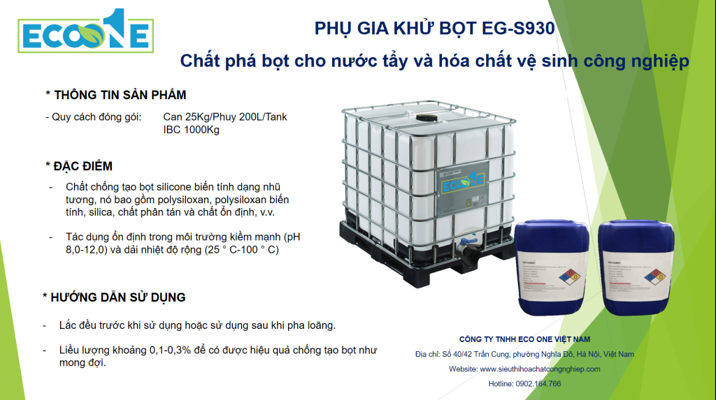 Eg S930 Chất Phá Bọt Cho Nước Tẩy Và Hóa Chất Vệ Sinh Công Nghiệp